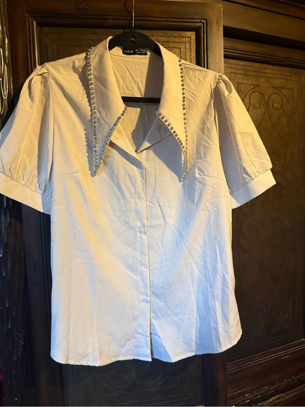 SHEIN Embellished White Button-Up Blouse with Statement Collar NWOT